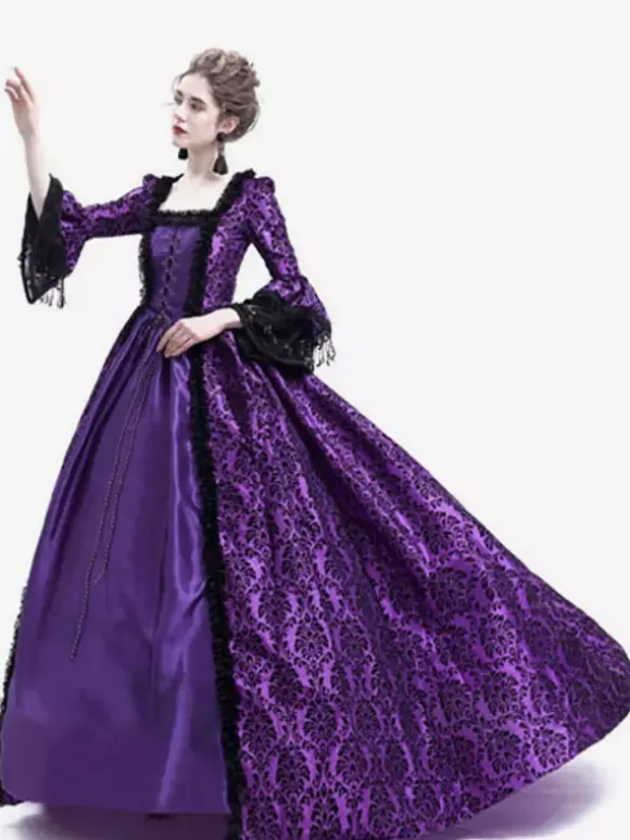 Victorian Retro Tudor Dress Costume Women's Long Gothic Trumpet Long sleeves Purple Ball Gown Square neckline Victorian Era Clothing with hat Retro Tudor Dress Costumes