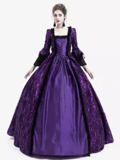 Victorian Retro Tudor Dress Costume Women's Long Gothic Trumpet Long sleeves Purple Ball Gown Square neckline Victorian Era Clothing with hat Retro Tudor Dress Costumes