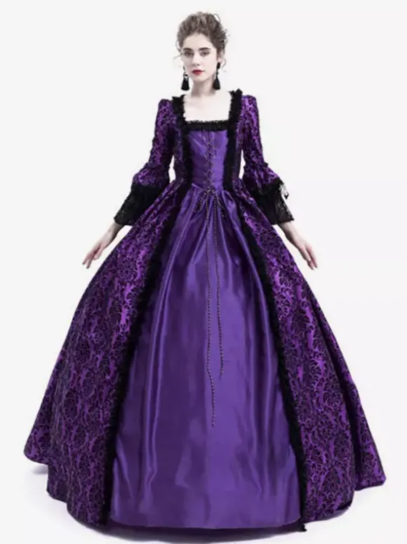 Victorian Retro Tudor Dress Costume Women's Long Gothic Trumpet Long sleeves Purple Ball Gown Square neckline Victorian Era Clothing with hat Retro Tudor Dress Costumes