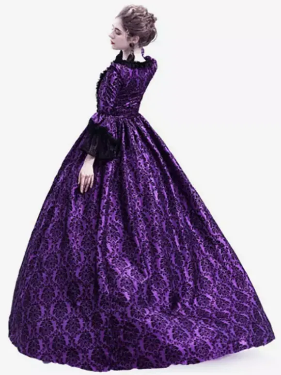 Victorian Retro Tudor Dress Costume Women's Long Gothic Trumpet Long sleeves Purple Ball Gown Square neckline Victorian Era Clothing with hat Retro Tudor Dress Costumes