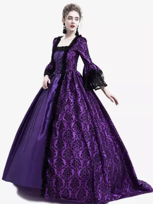 Victorian Retro Tudor Dress Costume Women's Long Gothic Trumpet Long sleeves Purple Ball Gown Square neckline Victorian Era Clothing with hat Retro Tudor Dress Costumes