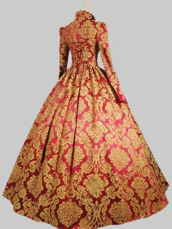 Victorian Retro Tudor Dress Costume Baroque Costume Red Lace Ruffles Stand Collar Gold Stamping Vintage Victorian era Clothing Retro Dress Burgundy