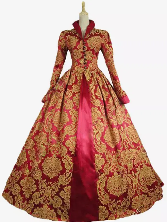 Victorian Retro Tudor Dress Costume Baroque Costume Red Lace Ruffles Stand Collar Gold Stamping Vintage Victorian era Clothing Retro Dress Burgundy