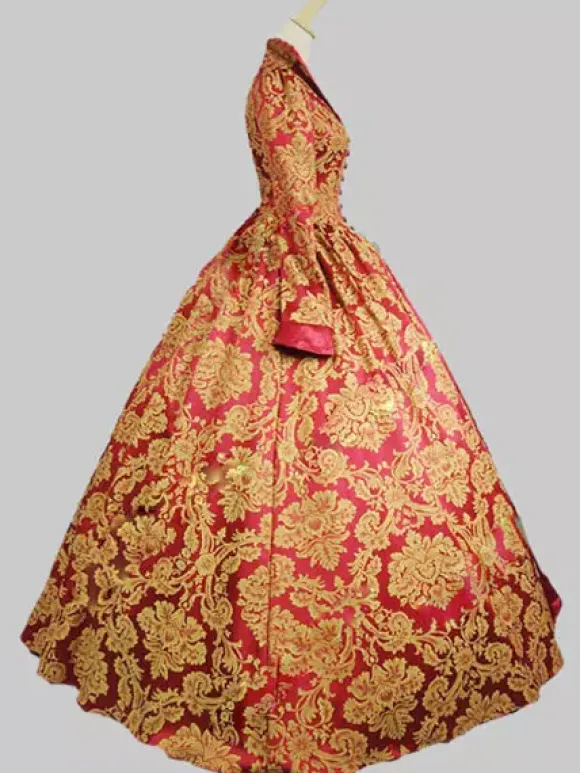 Victorian Retro Tudor Dress Costume Baroque Costume Red Lace Ruffles Stand Collar Gold Stamping Vintage Victorian era Clothing Retro Dress Burgundy
