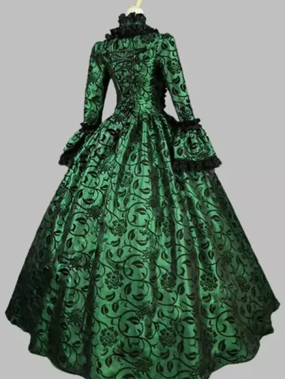 Victorian Retro Tudor Dress Costume Women's Baroque Lace Ruffles Green Marie Antoinette Long Sleeves Victoria Era Clothing Party Dresses Burgundy