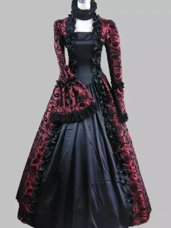 Victorian Retro Tudor Dress Costume Women's Baroque Lace Ruffles Green Marie Antoinette Long Sleeves Victoria Era Clothing Party Dresses Burgundy