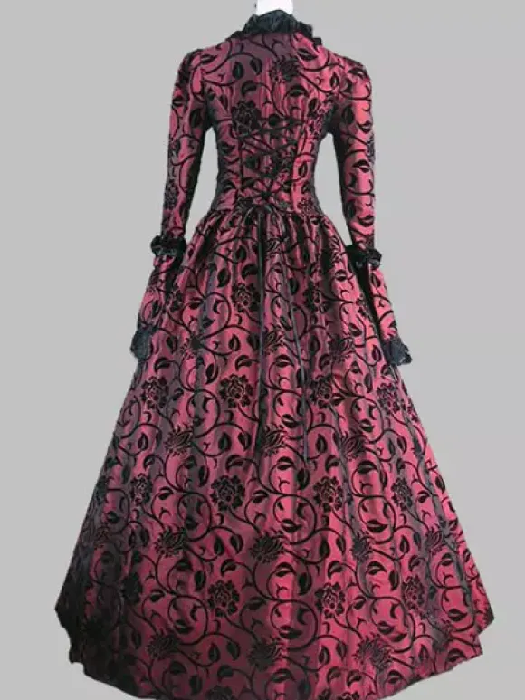Victorian Retro Tudor Dress Costume Women's Baroque Lace Ruffles Green Marie Antoinette Long Sleeves Victoria Era Clothing Party Dresses Burgundy