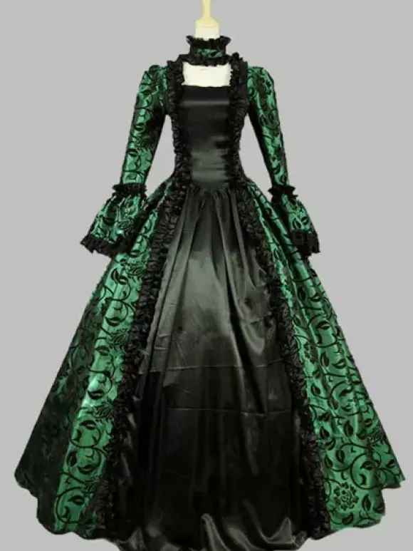 Victorian Retro Tudor Dress Costume Women's Baroque Lace Ruffles Green Marie Antoinette Long Sleeves Victoria Era Clothing Party Dresses Burgundy