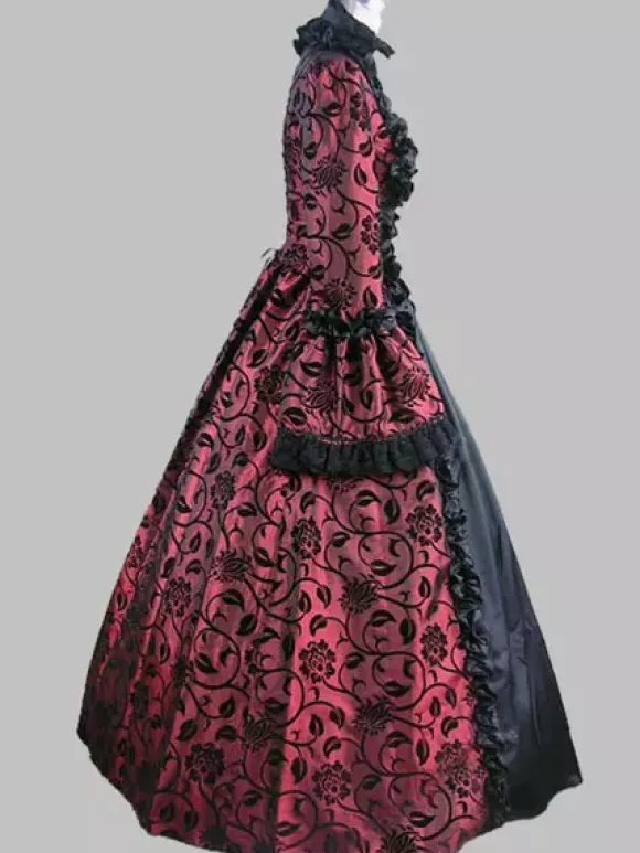 Victorian Retro Tudor Dress Costume Women's Baroque Lace Ruffles Green Marie Antoinette Long Sleeves Victoria Era Clothing Party Dresses Burgundy