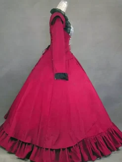 Victorian Retro Tudor Dress Costume Long Sleeves Red Ball Gown Women's Ruffle Button Victorian Era Clothing Retro Clothing Costumes Carnival Burgundy