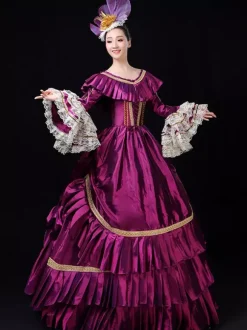 Victorian Retro Tudor Dress Costume Women's Green Lace Trumpet Long Sleeves Ruffles Embroidered Royal Marie Antoinette Ball Gown Victorian Era Clothing Costume Burgundy