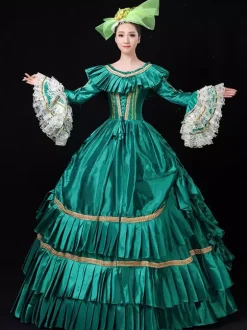 Victorian Retro Tudor Dress Costume Women's Green Lace Trumpet Long Sleeves Ruffles Embroidered Royal Marie Antoinette Ball Gown Victorian Era Clothing Costume Burgundy