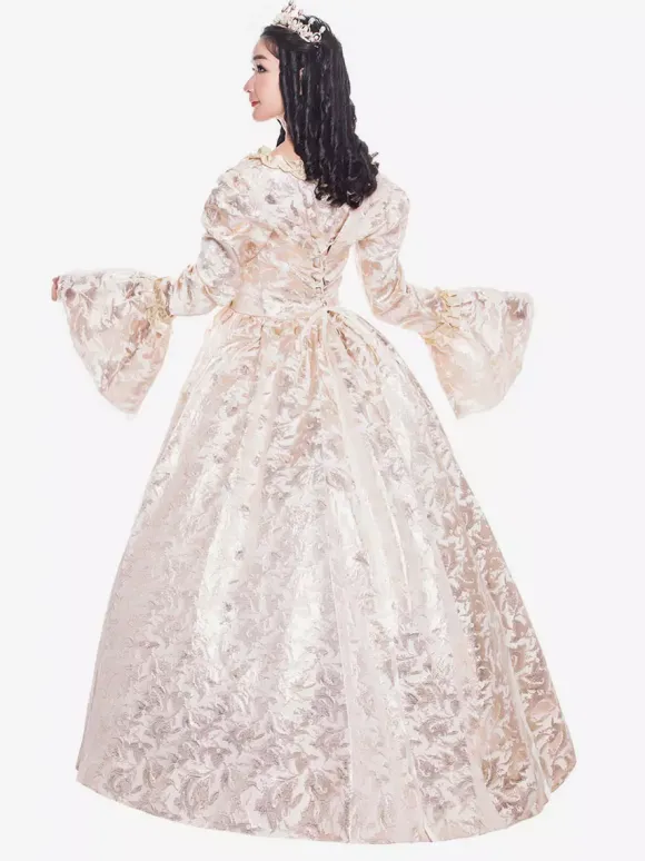 Victorian Retro Tudor Dress Costume Women's Beige Retro Ruffle Matte Satin Long Sleeves Victorian Era Style Floral Print Dress Women Vintage Clothing