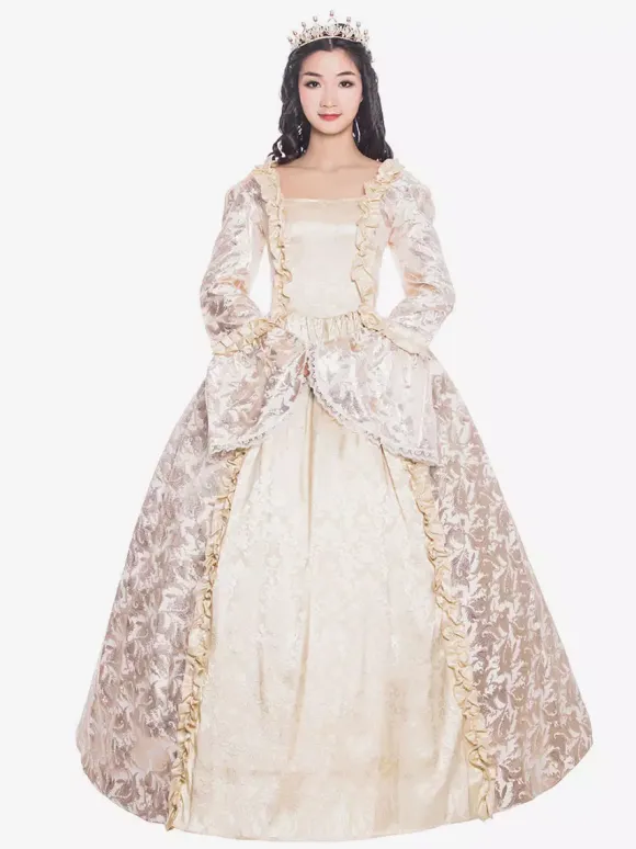 Victorian Retro Tudor Dress Costume Women's Beige Retro Ruffle Matte Satin Long Sleeves Victorian Era Style Floral Print Dress Women Vintage Clothing