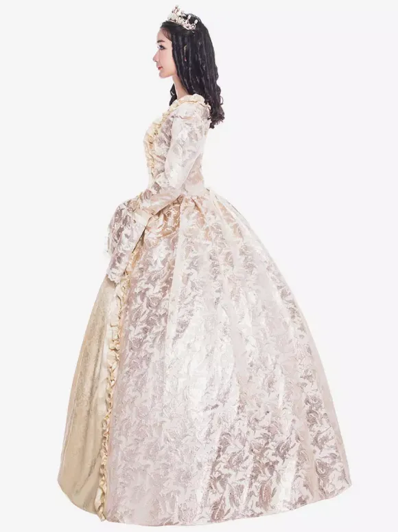Victorian Retro Tudor Dress Costume Women's Beige Retro Ruffle Matte Satin Long Sleeves Victorian Era Style Floral Print Dress Women Vintage Clothing