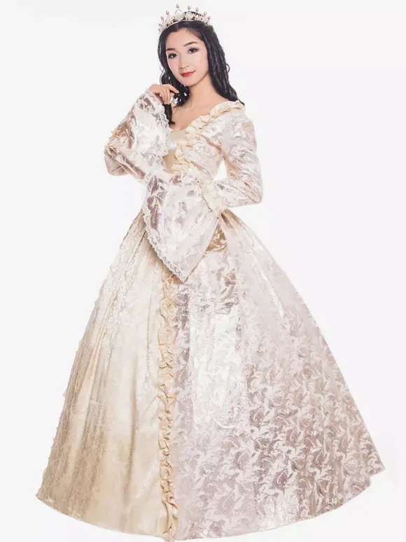 Victorian Retro Tudor Dress Costume Women's Beige Retro Ruffle Matte Satin Long Sleeves Victorian Era Style Floral Print Dress Women Vintage Clothing