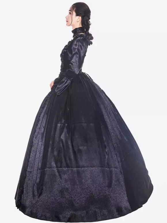 Victorian Retro Tudor Dress Costume Women's Black long Sleeves Matte Satin Victorian Era Style with Choker Vintage Clothing