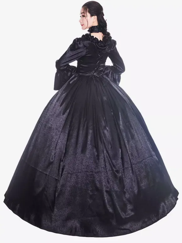 Victorian Retro Tudor Dress Costume Women's Black long Sleeves Matte Satin Victorian Era Style with Choker Vintage Clothing