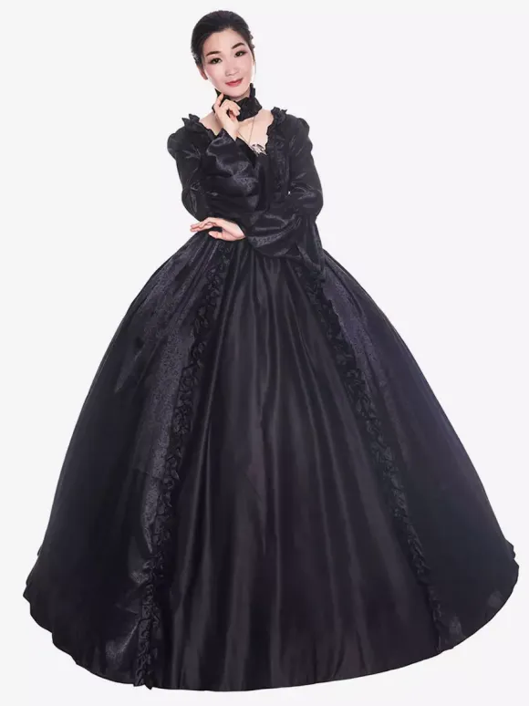Victorian Retro Tudor Dress Costume Women's Black long Sleeves Matte Satin Victorian Era Style with Choker Vintage Clothing
