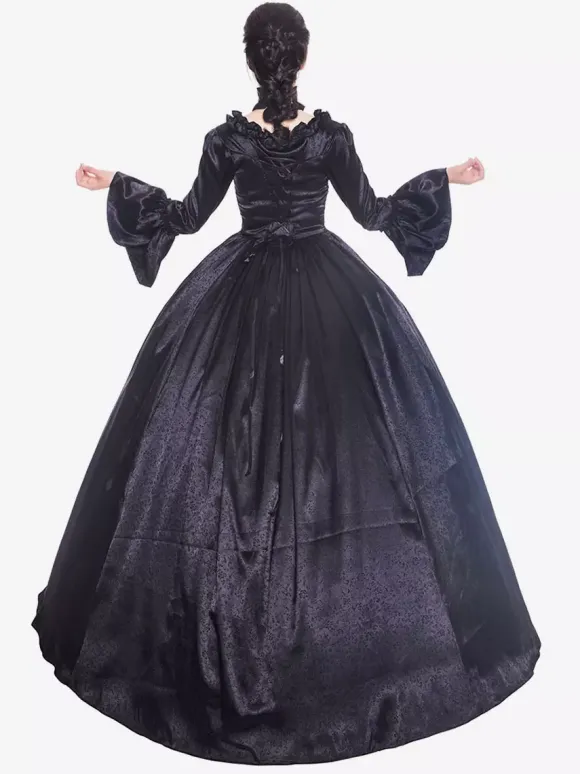 Victorian Retro Tudor Dress Costume Women's Black long Sleeves Matte Satin Victorian Era Style with Choker Vintage Clothing