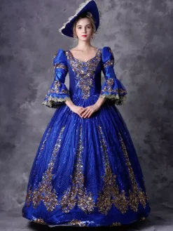 Victorian Retro Tudor Dress Costume Women's Royal Blue Half Sleeves Baroque Masquerade Ball Gowns with hat Royal Victorian Era Clothing Retro Costume