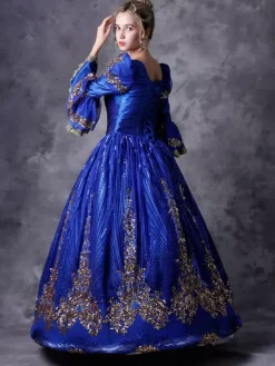 Victorian Retro Tudor Dress Costume Women's Royal Blue Half Sleeves Baroque Masquerade Ball Gowns with hat Royal Victorian Era Clothing Retro Costume