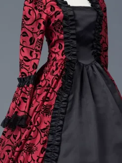 Victorian Retro Tudor Dress Costume Women's Red Bow Floral Print Square Neckline Long Sleeves Matte Satin Dress Victorian Era Style Ball Gown Burgundy