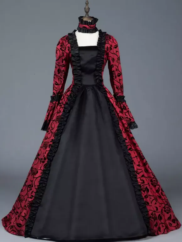 Victorian Retro Tudor Dress Costume Women's Red Bow Floral Print Square Neckline Long Sleeves Matte Satin Dress Victorian Era Style Ball Gown Burgundy