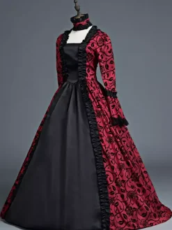 Victorian Retro Tudor Dress Costume Women's Red Bow Floral Print Square Neckline Long Sleeves Matte Satin Dress Victorian Era Style Ball Gown Burgundy