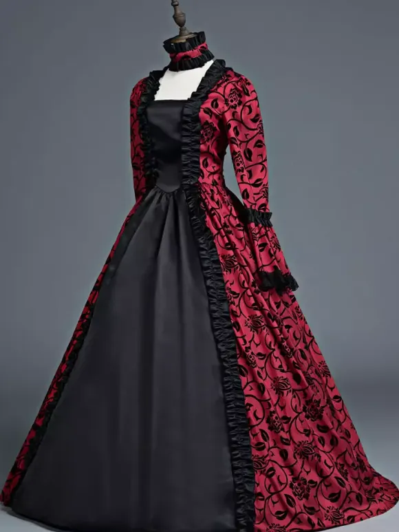 Victorian Retro Tudor Dress Costume Women's Red Bow Floral Print Square Neckline Long Sleeves Matte Satin Dress Victorian Era Style Ball Gown Burgundy