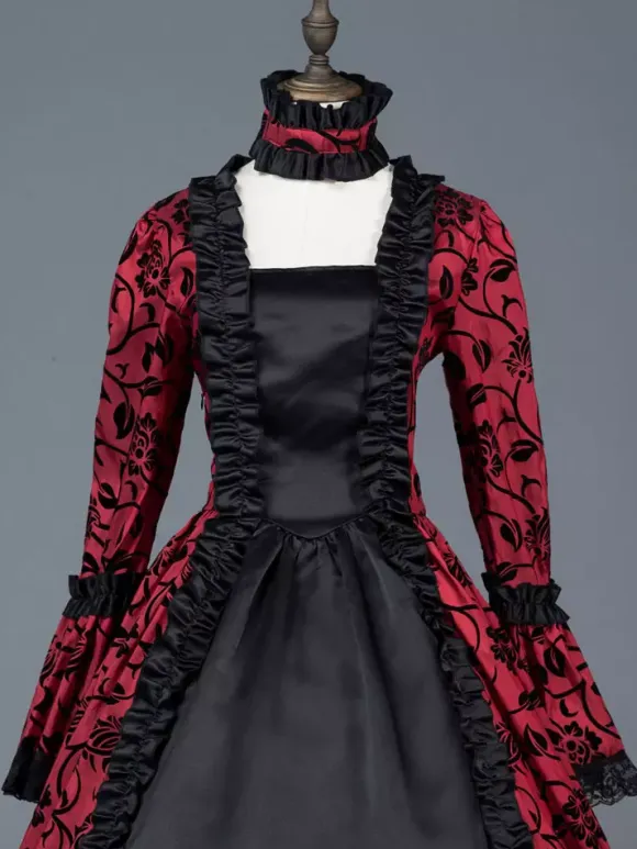 Victorian Retro Tudor Dress Costume Women's Red Bow Floral Print Square Neckline Long Sleeves Matte Satin Dress Victorian Era Style Ball Gown Burgundy