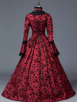 Victorian Retro Tudor Dress Costume Women's Red Bow Floral Print Square Neckline Long Sleeves Matte Satin Dress Victorian Era Style Ball Gown Burgundy