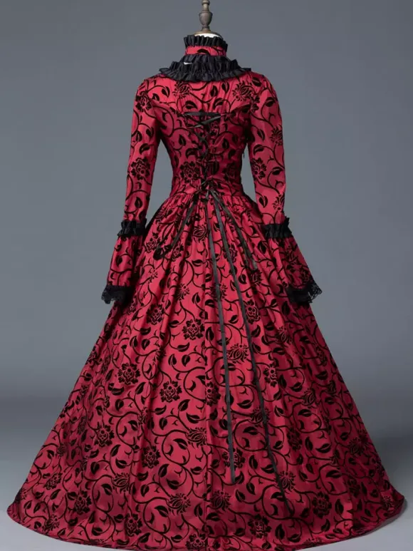 Victorian Retro Tudor Dress Costume Women's Red Bow Floral Print Square Neckline Long Sleeves Matte Satin Dress Victorian Era Style Ball Gown Burgundy