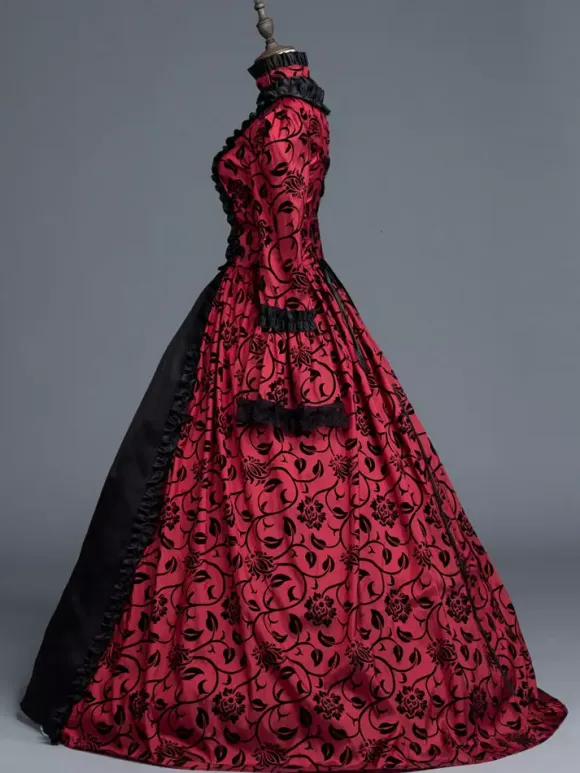 Victorian Retro Tudor Dress Costume Women's Red Bow Floral Print Square Neckline Long Sleeves Matte Satin Dress Victorian Era Style Ball Gown Burgundy