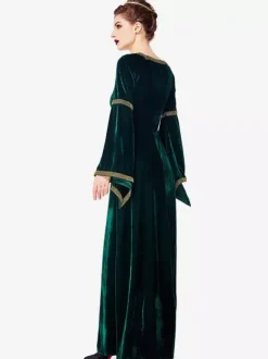 Victorian Retro Tudor Dress Costume Dark Green Retro Tudor Dress Costumes Women's Printed Crochet Lace Up Trumpet Long Sleeves Square Neckline Costume Headwear Vintage 18th Century Costume