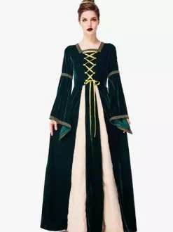 Victorian Retro Tudor Dress Costume Dark Green Retro Tudor Dress Costumes Women's Printed Crochet Lace Up Trumpet Long Sleeves Square Neckline Costume Headwear Vintage 18th Century Costume