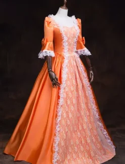 Victorian Retro Tudor Dress Costume Women's Orange Baroque Masquerade Ball Gowns Ruffles Trumpet Half Sleeves Victorian Era Clothing Retro Tudor Dress Costumes