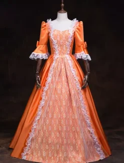 Victorian Retro Tudor Dress Costume Women's Orange Baroque Masquerade Ball Gowns Ruffles Trumpet Half Sleeves Victorian Era Clothing Retro Tudor Dress Costumes