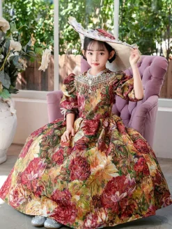 Victorian Rococo Costumes Colored Floral Print Dress Girl's Retro Dress