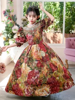 Victorian Rococo Costumes Colored Floral Print Dress Girl's Retro Dress