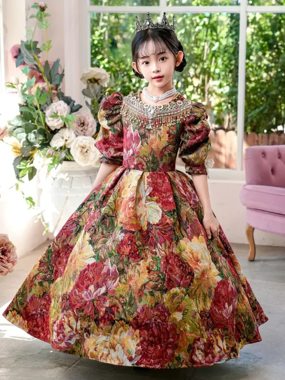 Victorian Rococo Costumes Colored Floral Print Dress Girl's Retro Dress