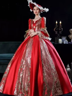 Victorian Rococo Costumes Dress Red Marie Antoinette Costume Ball Gown Burgundy
