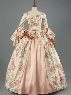Victorian Rococo Costumes Floral Print Lace Ruffles Polyester Marie Antoinette Dress
