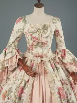 Victorian Rococo Costumes Floral Print Lace Ruffles Polyester Marie Antoinette Dress