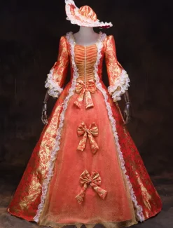 Victorian Rococo Retro Tudor Dress Costume Red Ball Gowns Ruffles Dress