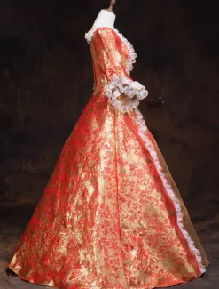 Victorian Rococo Retro Tudor Dress Costume Red Ball Gowns Ruffles Dress