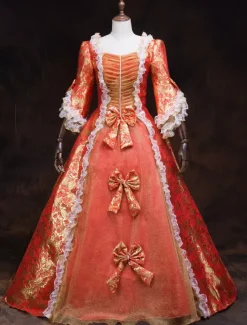 Victorian Rococo Retro Tudor Dress Costume Red Ball Gowns Ruffles Dress