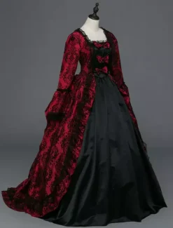 Victorian Tudor Dress Baroque Masquerade Ball Gowns Burgundy Long Sleeve Vintage