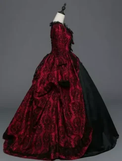 Victorian Tudor Dress Baroque Masquerade Ball Gowns Burgundy Long Sleeve Vintage