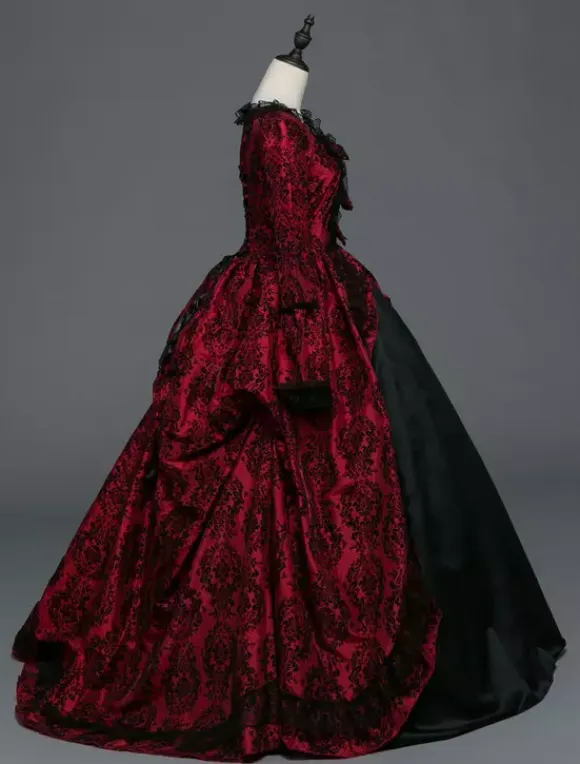 Victorian Tudor Dress Baroque Masquerade Ball Gowns Burgundy Long Sleeve Vintage